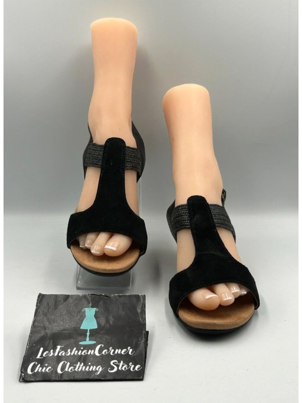 Vionic Women's Black Suede Kaytie T-Strap Cork Wedge Sandals Size 8 3522 - Picture 2 of 16